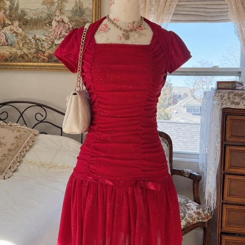 Y2K red mini dress Short sleeve ruffled mini dress